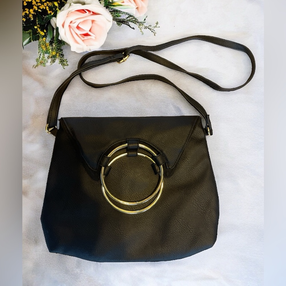 Black Crossbody Faux Leather Gold Hoop Handles and Crossbody Strap